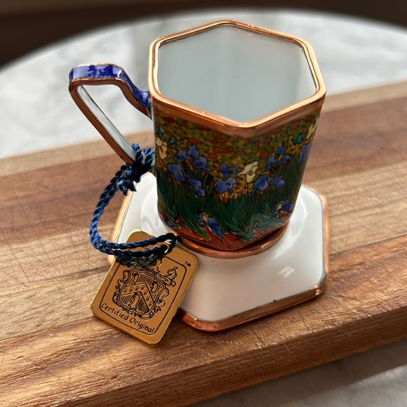 iris tea cup saucer hand painted enamel gold metal hang tag numbered edition - Picture 16 of 16